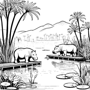 Witzige Nilpferde am Wasserhafen Ausmalvorlage für neugierige Naturentdecker