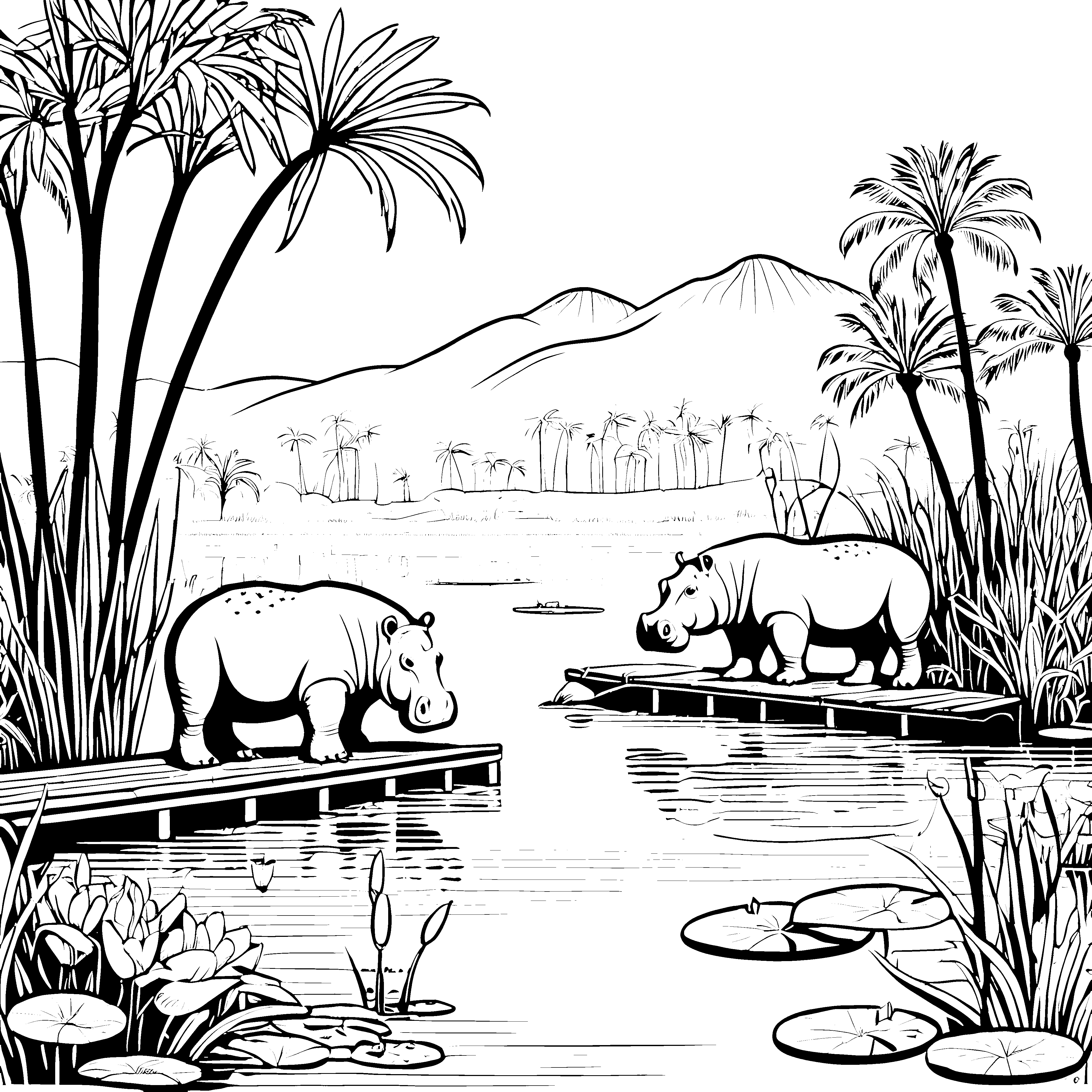 Witzige Nilpferde am Wasserhafen Ausmalvorlage für neugierige Naturentdecker