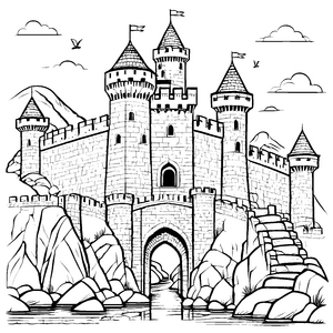 Majestätische Burg auf steiniger Anhöhe Ausmalvorlage für tapfere Entdecker