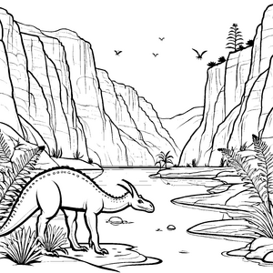 Parasaurolophus am geheimnisvollen Flussufer Ausmalvorlage für kleine Dino-Entdecker