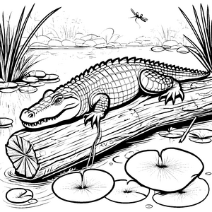 Kreatives Krokodil auf schwimmendem Baumstamm Ausmalvorlage für neugierige Naturentdecker