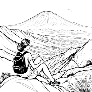 Faszinierende Berglandschaft mit entspannter Wanderin Ausmalmotiv für neugierige Naturentdecker