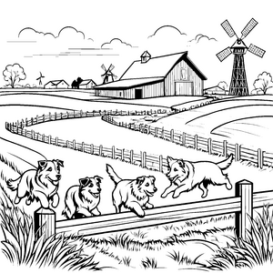 Fröhliche Australian Shepherds beim Zaunspiel Malvorlage für fröhliche Hundeabenteurer