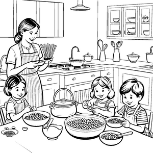 Kreative Edamame-Zubereitung mit fröhlichen Kids Ausmalbild für kleine Küchenchefs