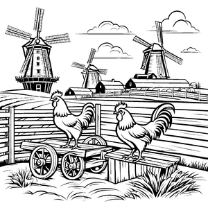 Stolze Hähne auf dem Scheunenwagen Ausmalbild für neugierige Landliebhaber