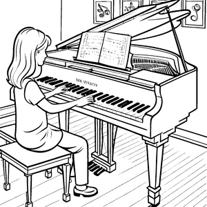 Kreatives Mädchen spielt bezaubernde Melodien am Klavier Ausmalmotiv für musikalische Talente