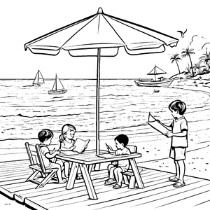 Sonnenschirm-Moment am Strand Ausmalbild für kleine Abenteuerlustige