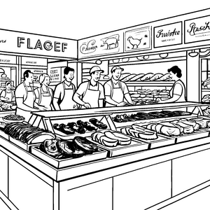Kreativer Fleischereifachverkäufer mit frischen Köstlichkeiten Ausmalvorlage für kleine Genussentdecker
