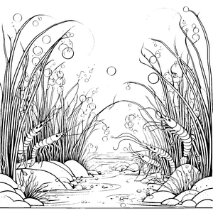 Faszinierende Garnelen zwischen geheimnisvollen Wasserpflanzen Ausmalbild für neugierige Entdecker