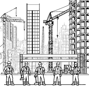 Bauarbeiter bei beeindruckenden Bauprojekten Malvorlage für kreative Architekten