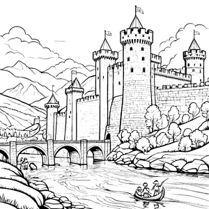 Majestätische Burg mit malerischer Flusslandschaft Ausmalmotiv für mutige Entdecker