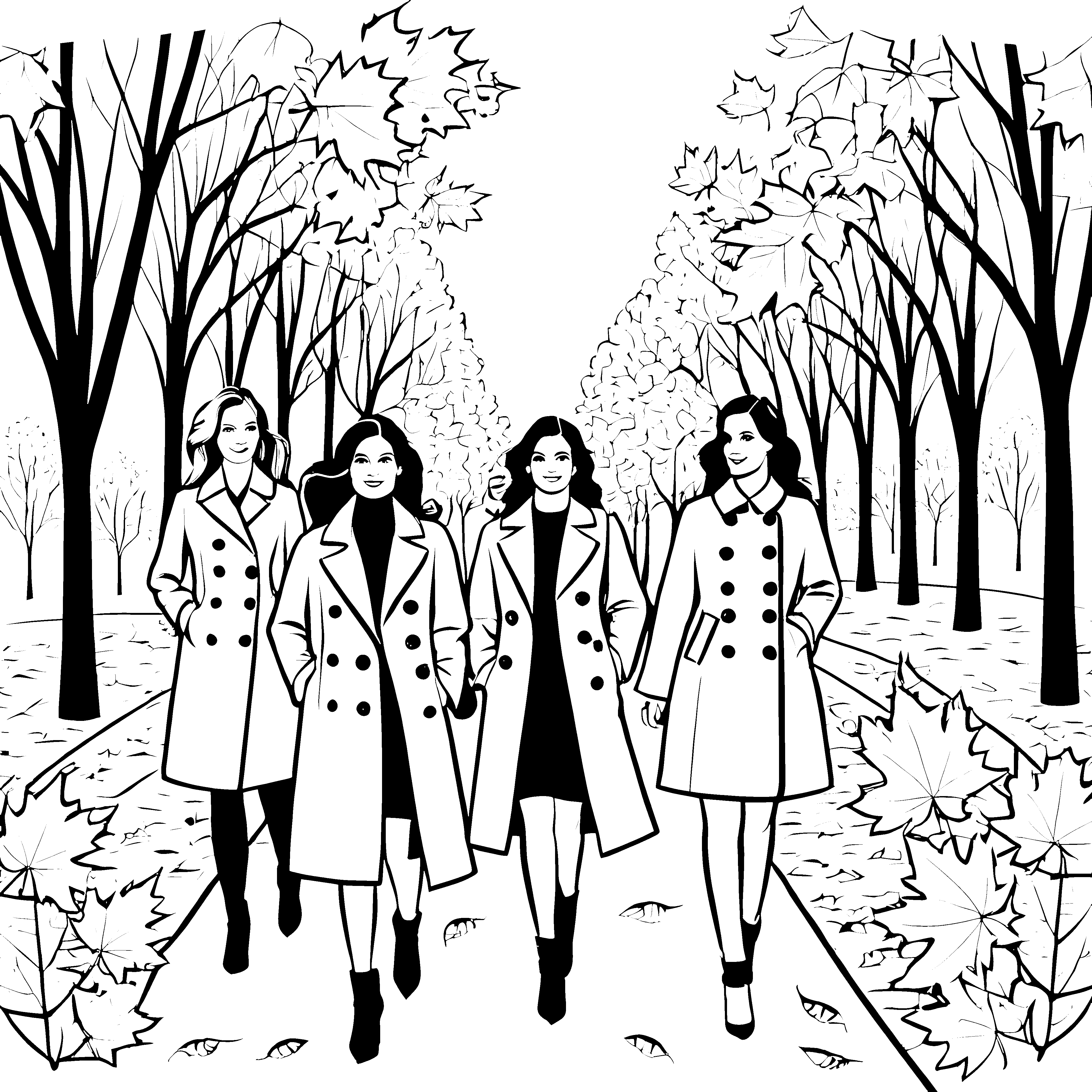 Elegante Damenmäntel im herbstlichen Park Ausmalvorlage für stilbewusste Modefans