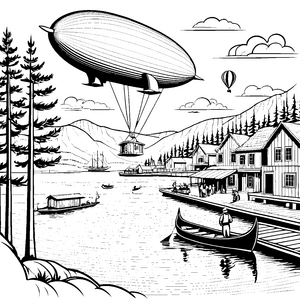 Faszinierender Zeppelin über dem malerischen Hafen Ausmalmotiv für kleine Entdecker