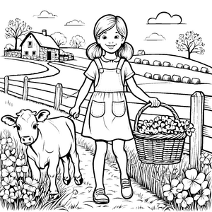 Fröhliches Mädchen mit Kalb und Blumenkorb Ausmalvorlage für junge Tierfreunde