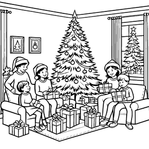 Festliche Bescherung mit strahlenden Gesichtern Ausmalbild für fröhliche Weihnachtszauberer