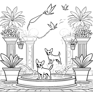 Verspielte Chihuahuas im sprudelnden Brunnen Ausmalbild für kleine Wasserratten