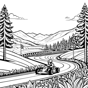 Kreativer Kartfahrer auf spannender Bergstrecke Ausmalvorlage für kleine Nervenkitzel-Verliebte