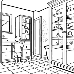 Badezimmer mit sprudelnden Enten und praktischem Schrank Ausmalbild für abenteuerlustige Entdecker