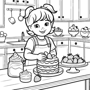 Bezaubernde Backfee dekoriert köstlichen Erdbeerkuchen Ausmalvorlage für kreative Naschkatzen