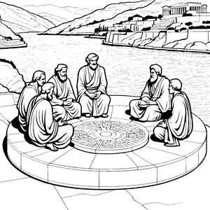 Weise Denker im Dialog am Wasser Ausmalvorlage für neugierige Philosophen