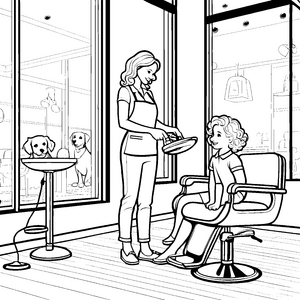 Friseursalon mit fröhlichem Kind und witzigen Hunden Ausmalvorlage für kreative Frisuren-Fans
