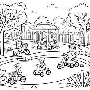 Drei fröhliche Kinder auf bunten Dreirädern Ausmalbild für kleine Entdecker