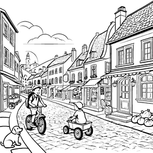 Drolliges Dreirad in malerischer Altstadt Malvorlage für kleine Abenteurer