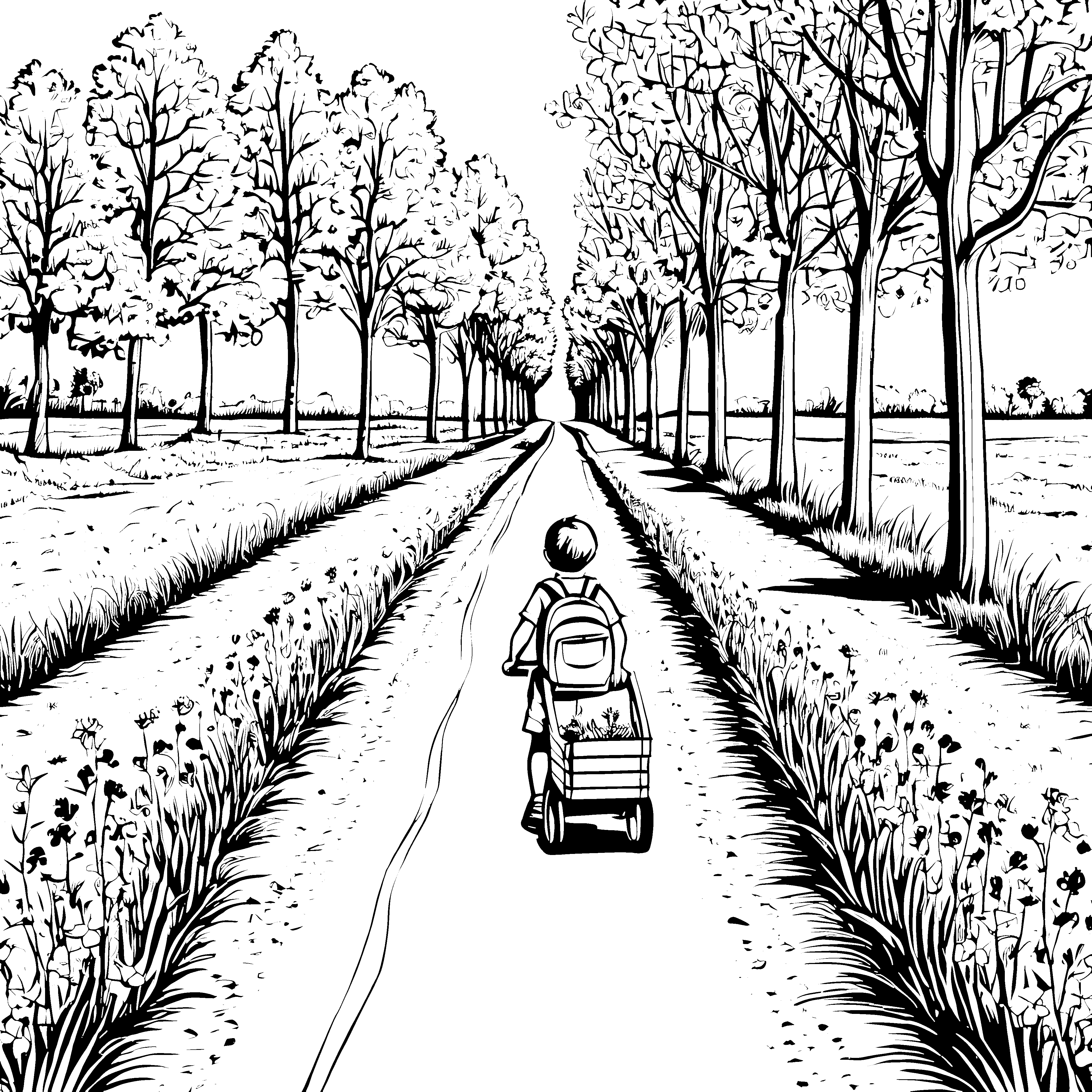 Faszinierende Landstraße mit blühenden Wiesen Ausmalvorlage für kleine Abenteuerer