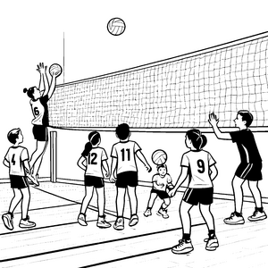 Spritzige Volleyball-Action in der Sporthalle Ausmalvorlage für leidenschaftliche Bewegungskünstler