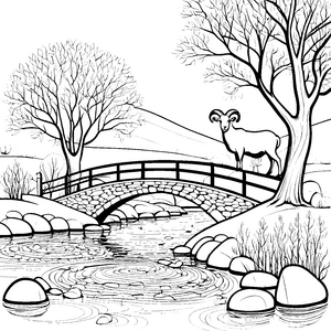 Widder auf malerischer Brücke über glitzerndem Wasser Ausmalvorlage für kreative Naturfreunde
