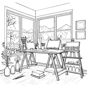 Kunstvolles Atelier mit inspirierenden Materialien Ausmalbild für kreative Nachwuchskünstler