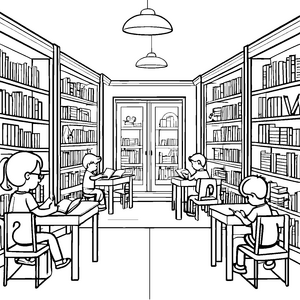 Fantasievolle Lesestunde im bunten Bücherschrank Ausmalbild für wissbegierige Entdecker