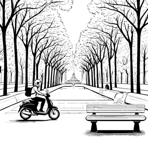 Stylisches Moped fährt durch einen idyllischen Park Ausmalbild für fröhliche Verkehrsentdecker