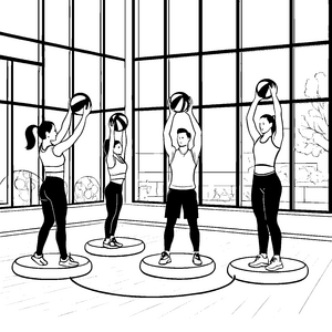 Aktives Medizinball-Training mit fröhlichen Freunden Ausmalmotiv für sportliche Entdecker