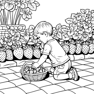 Frohes Erdbeerenpflücken im bunten Garten Ausmalvorlage für kleine Naturfreunde