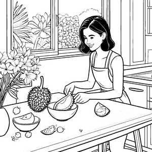 Lebendige Durian-Zubereitung in der hellen Küche Ausmalvorlage für neugierige Küchenchefs