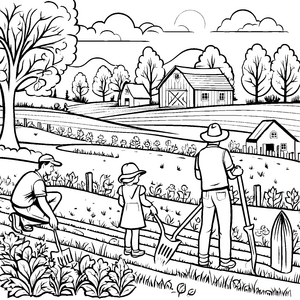 Familie bei der bunten Gartenarbeit Ausmalbild für neugierige Pflanzenfreunde