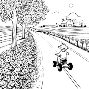 Sonnenbeschienene Landstraße mit blühenden Blumen Ausmalbild für kleine Entdecker