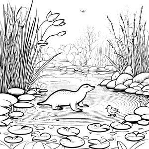 Schnabeltier beim lustigen Planschen im Teich Ausmalvorlage für kleine Naturfreunde