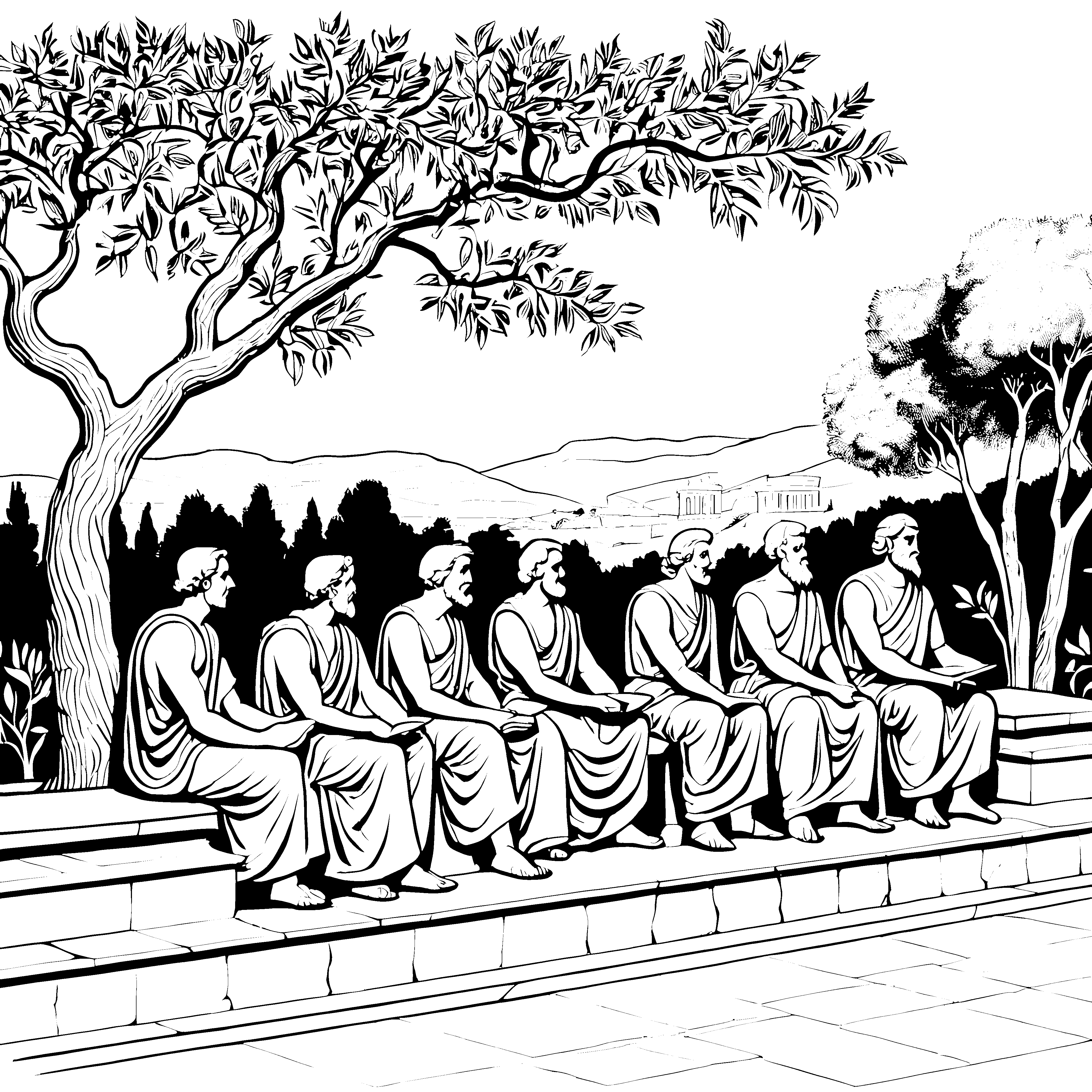 Weise griechische Philosophen unter einem Baum Ausmalbild für kleine Denker