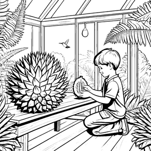 Spannende Durian-Entdeckung im tropischen Gewächshaus Ausmalvorlage für neugierige Entdecker
