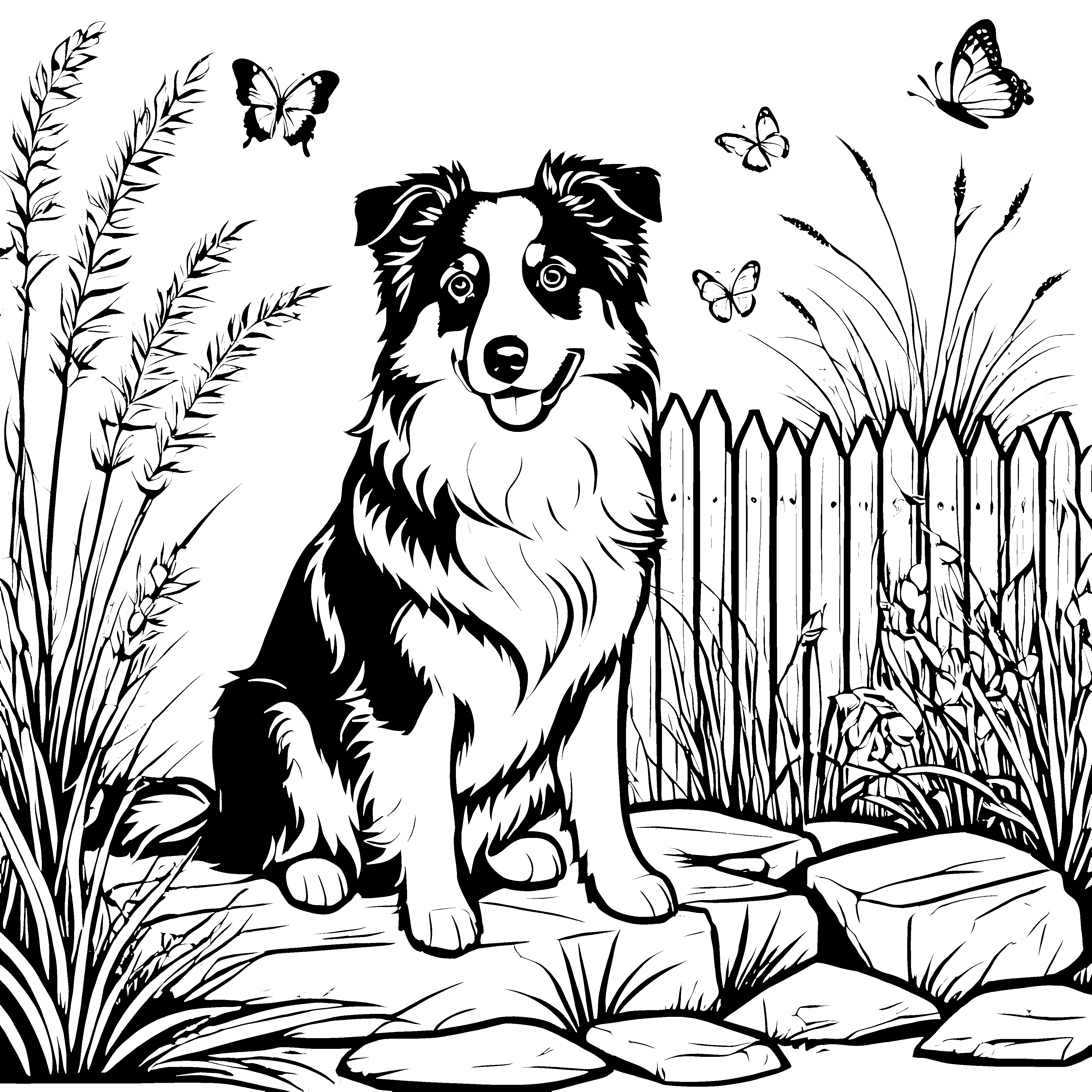 Freundlicher Australian Shepherd auf dem Weg Malvorlage für wissbegierige Tierentdecker
