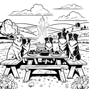 Fröhliche Australian Shepherds beim Picknick Ausmalvorlage für abenteuerlustige Tierfreunde
