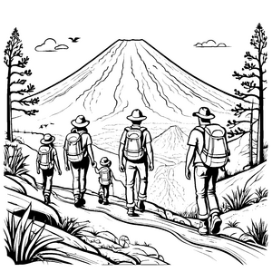 Abenteuerliche Wanderer auf Vulkanpfad Ausmalbild für kleine Naturexplorer