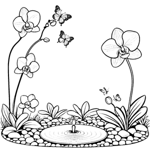 Wunderschöne Orchideen mit schwebenden Schmetterlingen Ausmalvorlage für kleine Naturfreunde