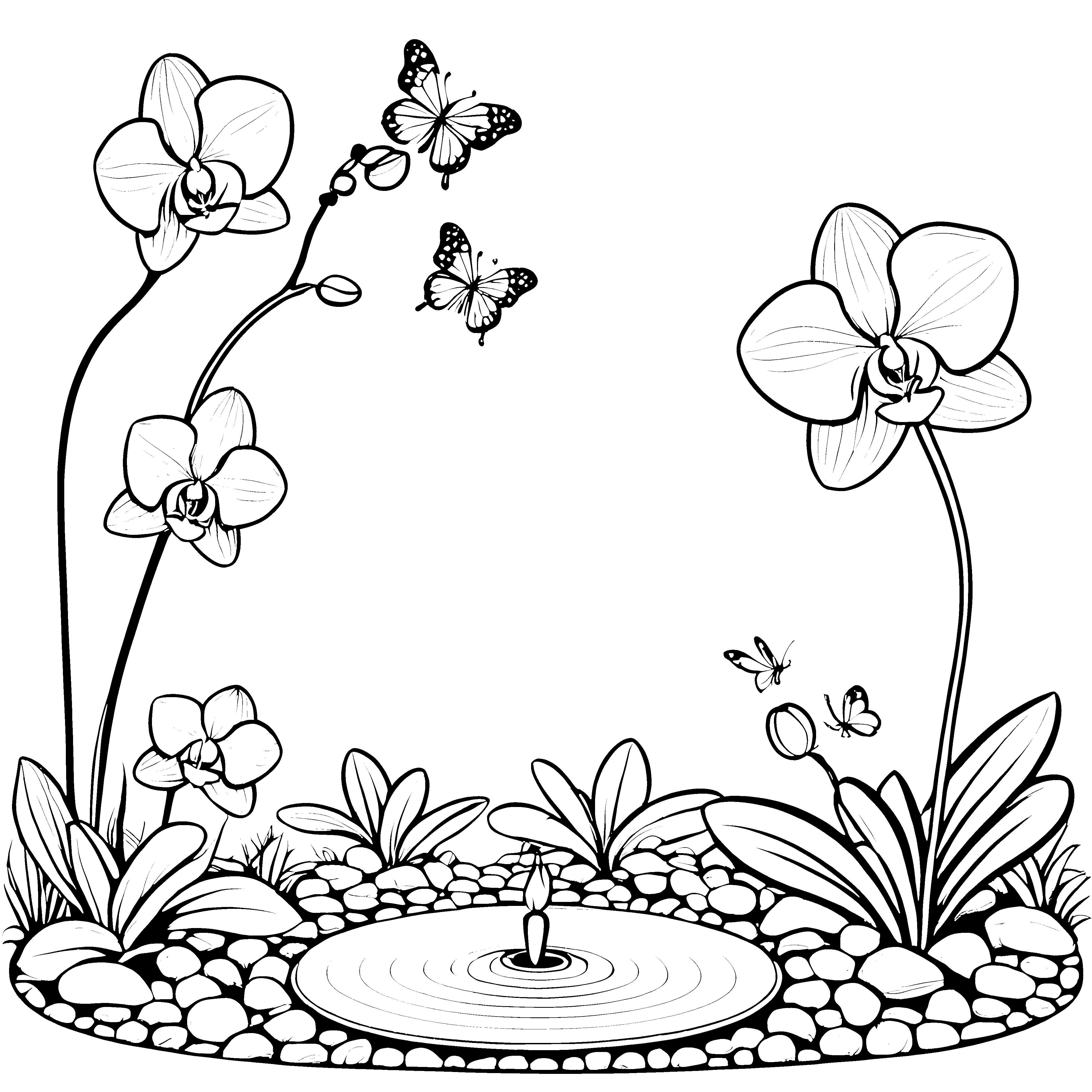 Wunderschöne Orchideen mit schwebenden Schmetterlingen Ausmalvorlage für kleine Naturfreunde