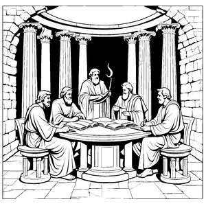 Weiser Dialog unter griechischen Philosophen Ausmalvorlage für kluge Kopfakrobaten