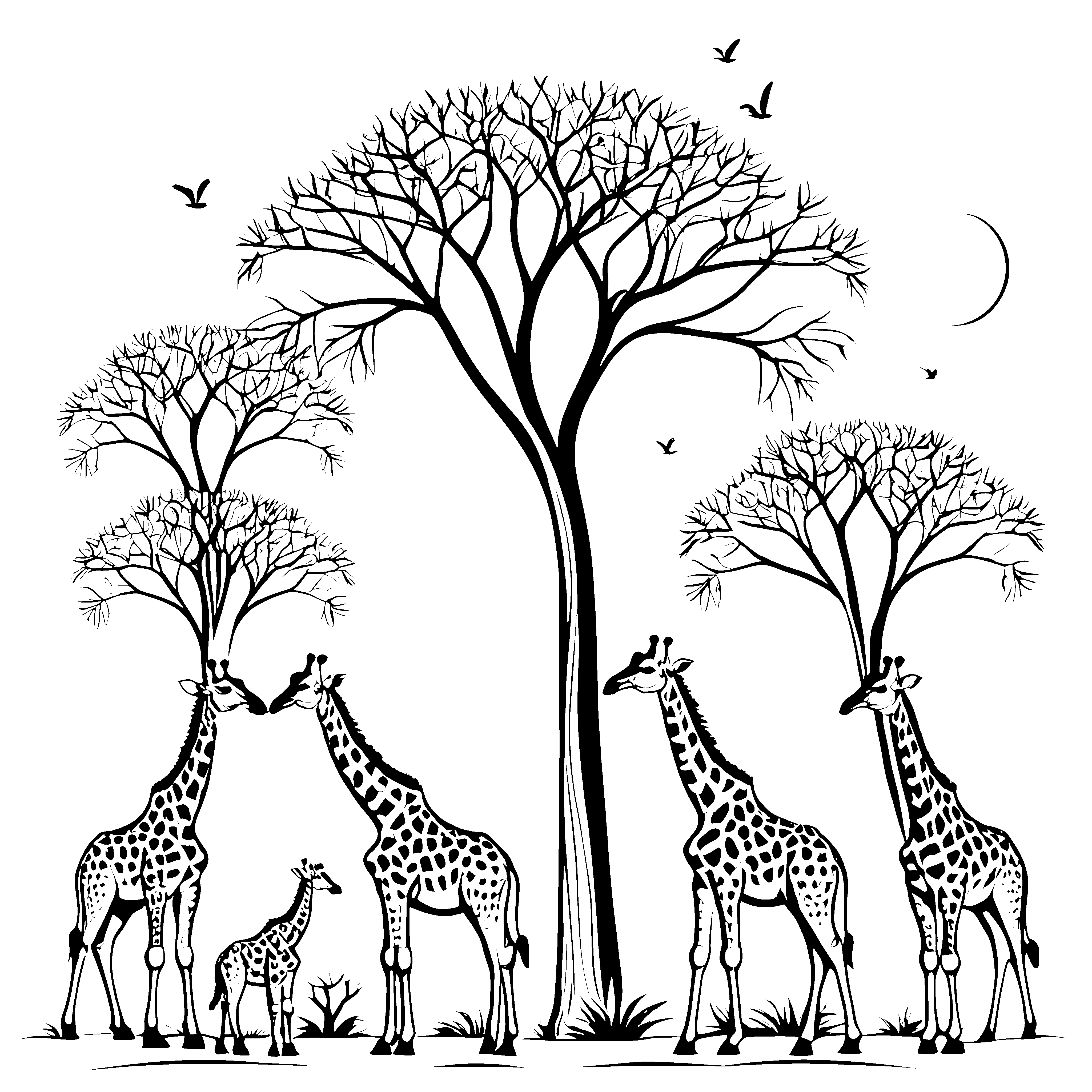 Verspielte Giraffen unter schattenspendenden Bäumen Ausmalmotiv für neugierige Naturfreunde