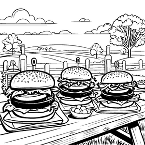 Köstliche Hamburger-Vielfalt beim Grillfest Ausmalbild für kleine Gourmet-Entdecker