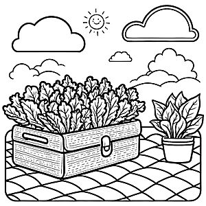 Kreative Salaternte im sonnigen Garten Ausmalvorlage für kleine Naturfreunde
